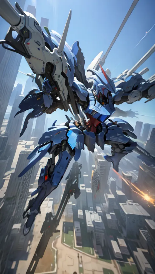 The image shows a blue and white mech flying over a city. The mech is armed with a variety of weapons, including a large gun on its right arm and a pair of smaller guns on its left arm. It also has a pair of wings that allow it to fly. The mech is flying towards the viewer, and there are several buildings in the background. The buildings are mostly made of glass and metal, and they are all very tall. The sky is blue, and there are some clouds in the distance.