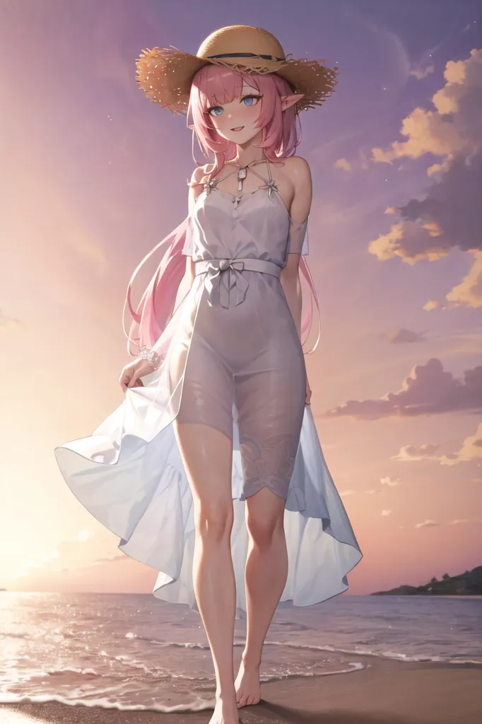 The image shows a beautiful anime girl with pink hair and blue eyes. She is wearing a white dress and a straw hat. She is standing on the beach, and the sun is setting behind her. The sky is a gradient of orange and pink. The water is calm, and the waves are gently lapping at the shore. The girl is looking at the sunset, and she has a peaceful expression on her face.