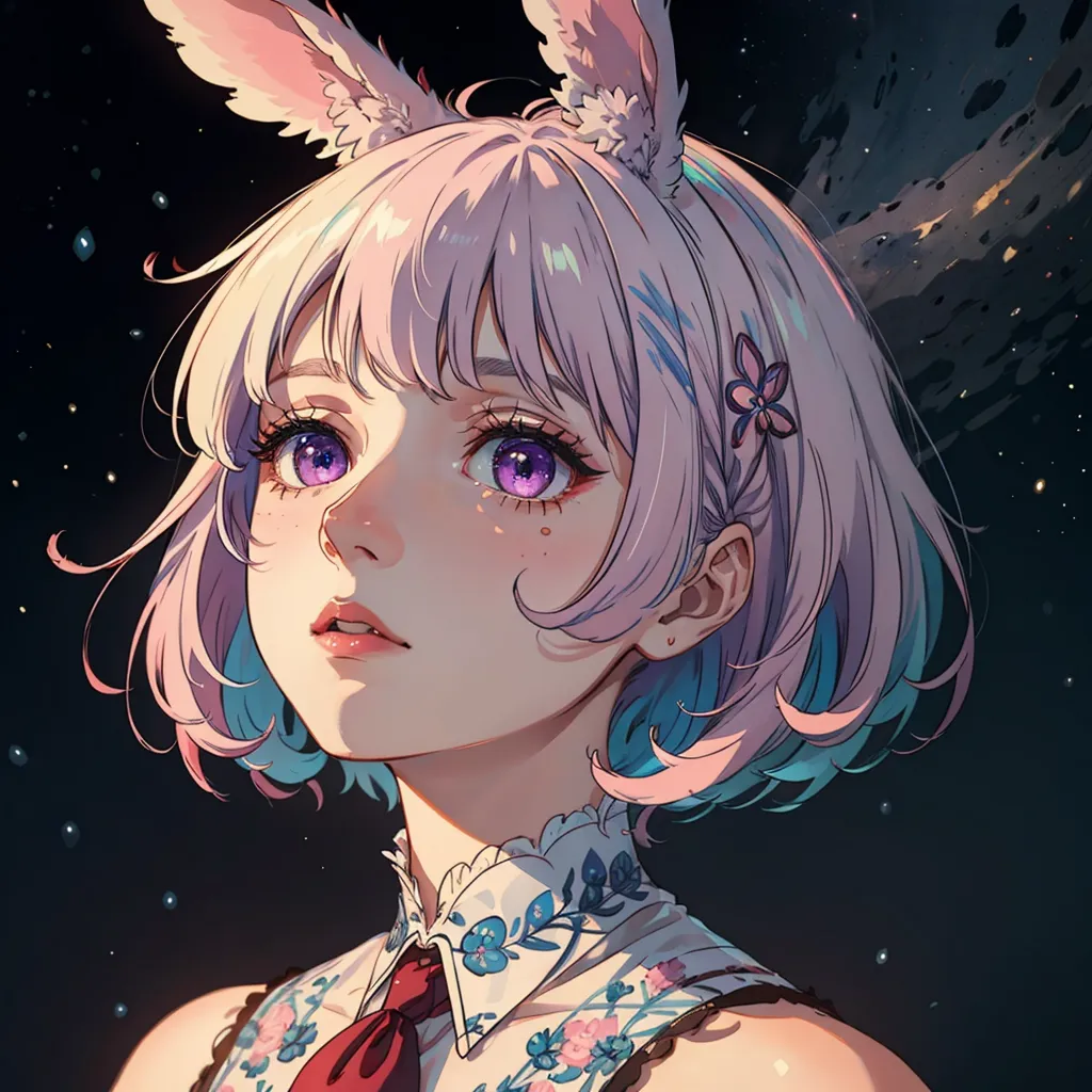 The image is a portrait of a young woman with pink and blue hair. She has rabbit ears and purple eyes. She is wearing a white dress with a red ribbon. The background is dark with a starry sky. The woman is looking to the right of the frame.