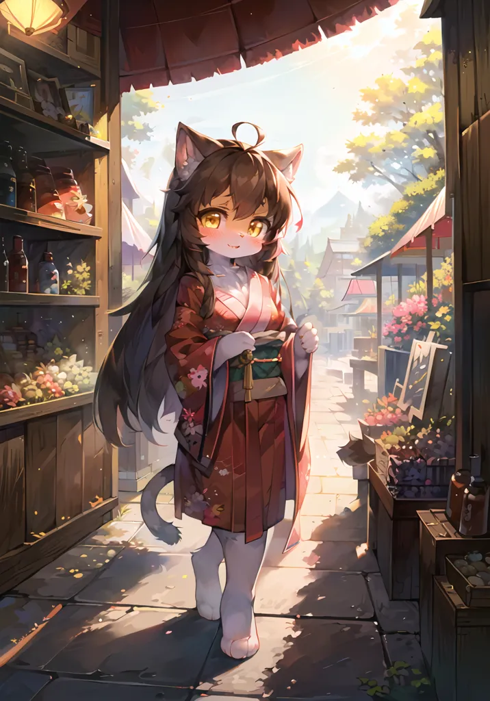 The image is a painting of a catgirl in a kimono. She has long brown hair and yellow eyes, and is wearing a red and white kimono with a floral pattern. She is standing in a street with a row of shops and houses behind her. The street is made of stone and there are a few trees and plants growing on either side. The sky is blue and there are a few clouds in the distance.