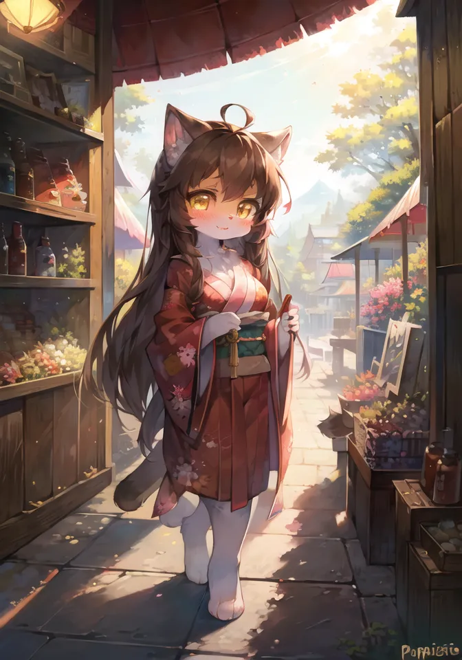 The image is a painting of a catgirl in a kimono. She has brown hair and yellow eyes, and is wearing a red kimono with white and pink flowers. She is standing in a street with a lantern and there are buildings, trees, and flowers in the background. The painting is done in a realistic style and the colors are vibrant and bright.