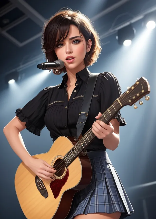 The image shows a young woman with short brown hair and brown eyes. She is wearing a black short-sleeved shirt, a gray pleated skirt, and a brown belt with a silver buckle. She is playing an acoustic guitar and singing into a microphone. She is standing on a stage with bright lights shining on her. There are spotlights in the background.