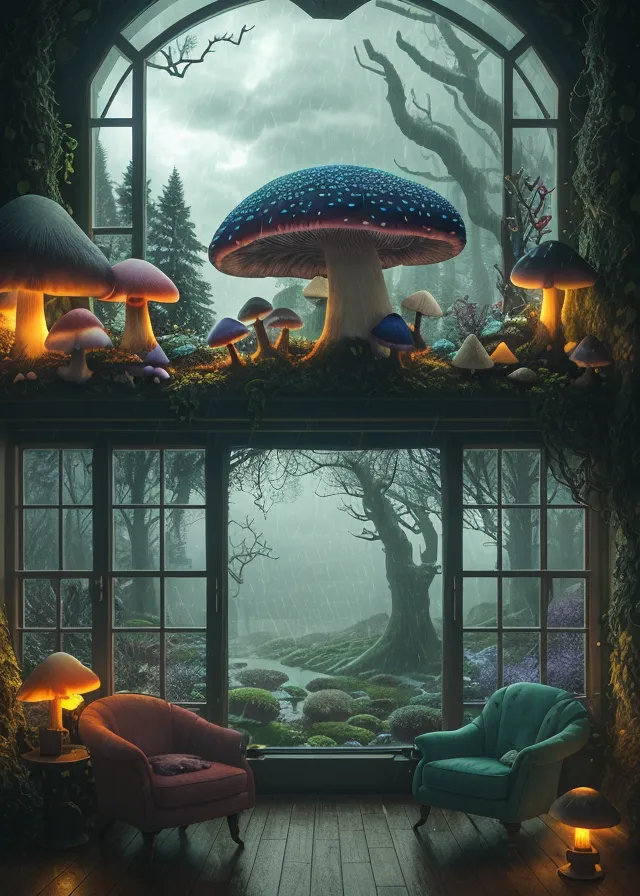 The image is a surreal and whimsical depiction of a living room. There are two large windows that look out onto a rainy forest. The forest is filled with large mushrooms and other strange plants. The living room is furnished with two armchairs, a table, and a lamp. The floor is covered in a thick layer of moss. There is a mushroom growing up through the floor near the table. The walls are lined with bookshelves that are filled with books and strange objects.