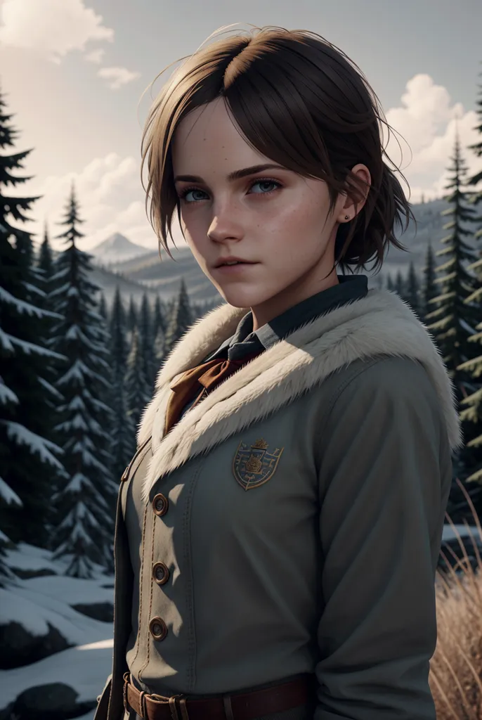 This is an image of a young woman, who looks like Emma Watson, in a brown coat with a fur collar standing in a snowy forest. She is looking at the camera with a serious expression. She is wearing a white blouse and a brown tie with a golden badge on it. The background of the image is a snow-covered forest with mountains in the distance.
