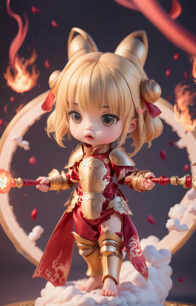 Cette image montre une jeune fille de style anime aux cheveux blonds portant une armure rouge et dorée. Elle tient un bâton dans chaque main, et il y a des flammes et des pétales de fleurs rouges en arrière-plan. La jeune fille se tient sur un nuage blanc, et il y a une grande lune derrière elle.