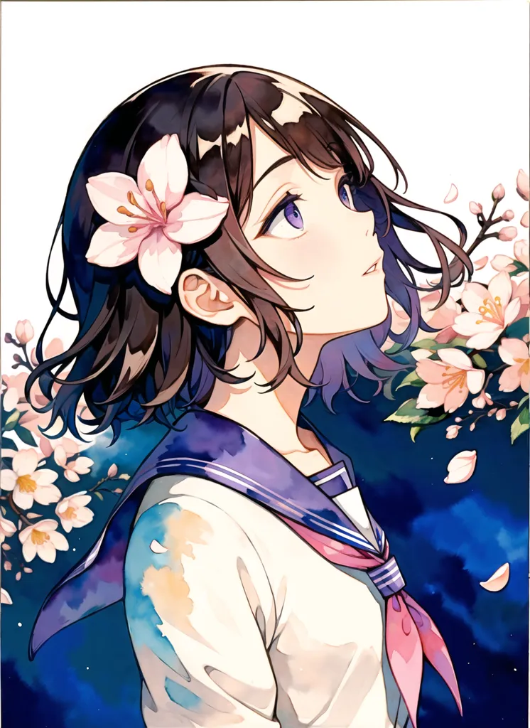 The image is a portrait of a young girl with short brown hair and purple eyes. She is wearing a white shirt with a blue collar and a pink scarf. There are some white and pink flowers in her hair and around her. The background is dark blue with some light blue and white splashes. The girl is looking up at the flowers with a gentle smile on her face.