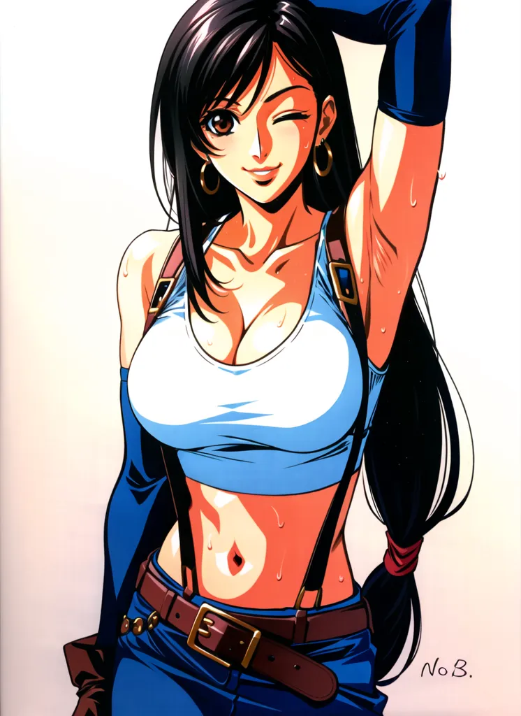 The image is of Tifa Lockhart from the Final Fantasy VII video game series. She is depicted in a white tank top and blue jeans, with her signature long black hair and green eyes. She is winking at the viewer with a playful expression on her face. The image is drawn in a realistic style, with attention to detail in the shading and lighting.