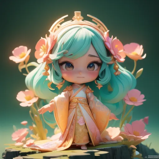 This image shows an anime-style illustration of a chibi (a type of stylized character) in a pink and yellow kimono standing in a field of pink and white flowers. The character has long, mint green hair and large, sparkly blue eyes. She is wearing a traditional Japanese hairstyle with a large pink bow and gold headpiece. The character is standing on a small rock or pedestal, and there are several flowers in the background. The image has a soft, painterly look and a slightly blurred background.