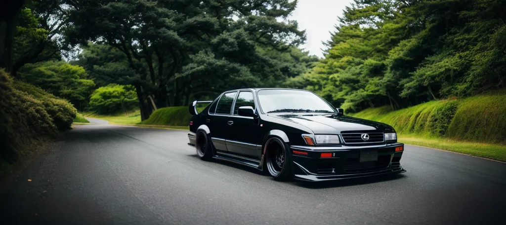 A black Lexus IS300 is parked on a winding road. The car has been modified with a body kit, aftermarket wheels, and a lowered suspension. The car is surrounded by trees and bushes, and the sun is shining through the trees. The car is black and has a spoiler on the trunk. The car is also very clean and appears to be in good condition.