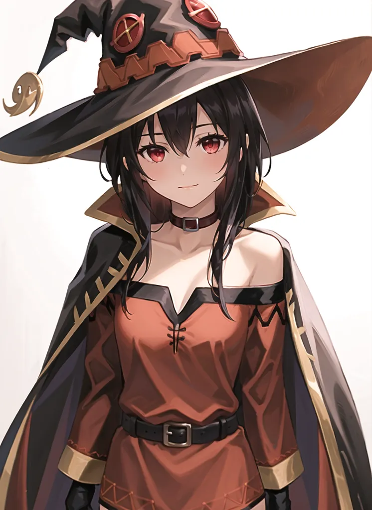 The image is of a young woman with long black hair and red eyes. She is wearing a witch's hat and a red and brown dress. She has a confident smile on her face.