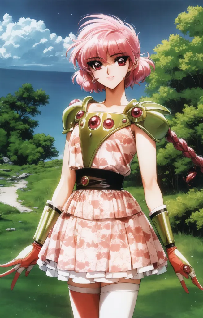 This is an image of a young woman with pink hair and green eyes. She is wearing a white and pink dress with a green belt and a green and pink shoulder pad. She is also wearing white gloves and red boots. She is standing in a field of green grass with trees in the background. The sky is blue and there are white clouds in the sky.