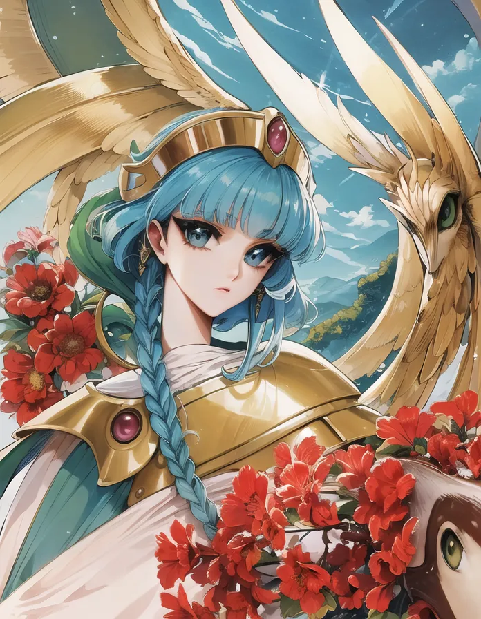 The image is of a beautiful woman with long blue hair and blue eyes. She is wearing a golden crown and armor. She is standing in front of a blue background with white clouds. There are two large birds with golden feathers on either side of her. The woman has a serious expression on her face. She is holding a staff in her right hand. The staff has a red jewel on the top. The woman is wearing a white dress with a golden belt. The dress has a long slit on the side. The woman's legs are bare. She is wearing golden sandals.