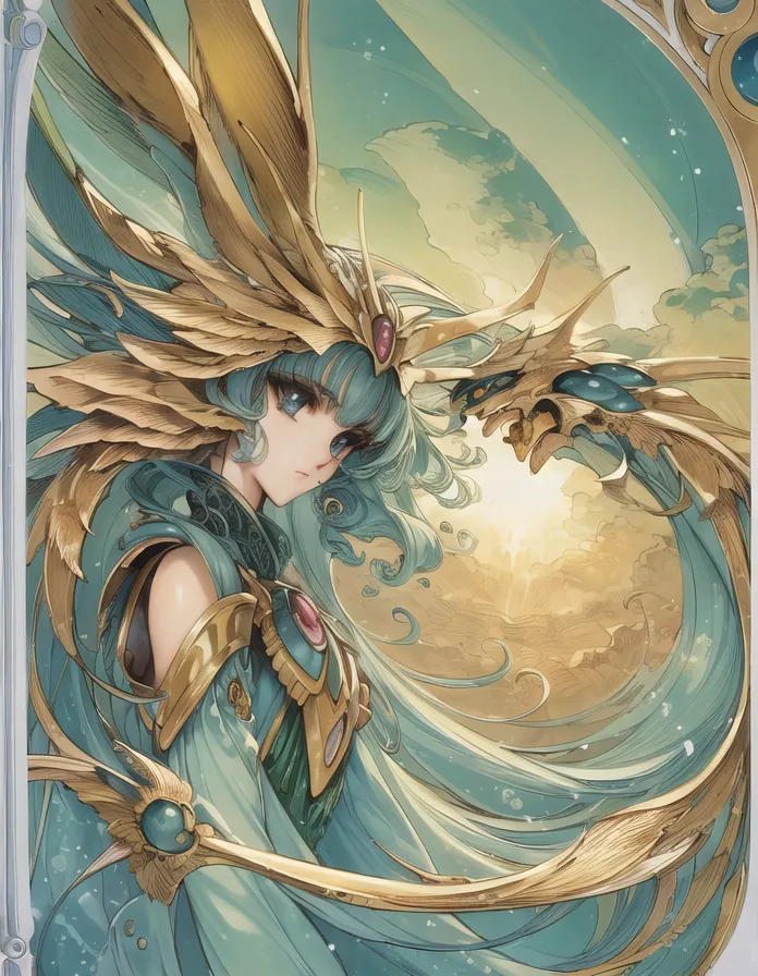 The image is of a beautiful woman with long, flowing green hair and golden eyes. She is wearing a golden headdress and a golden breastplate. She has a small, green dragon perched on her shoulder. The background is a sunset over a mountain range.