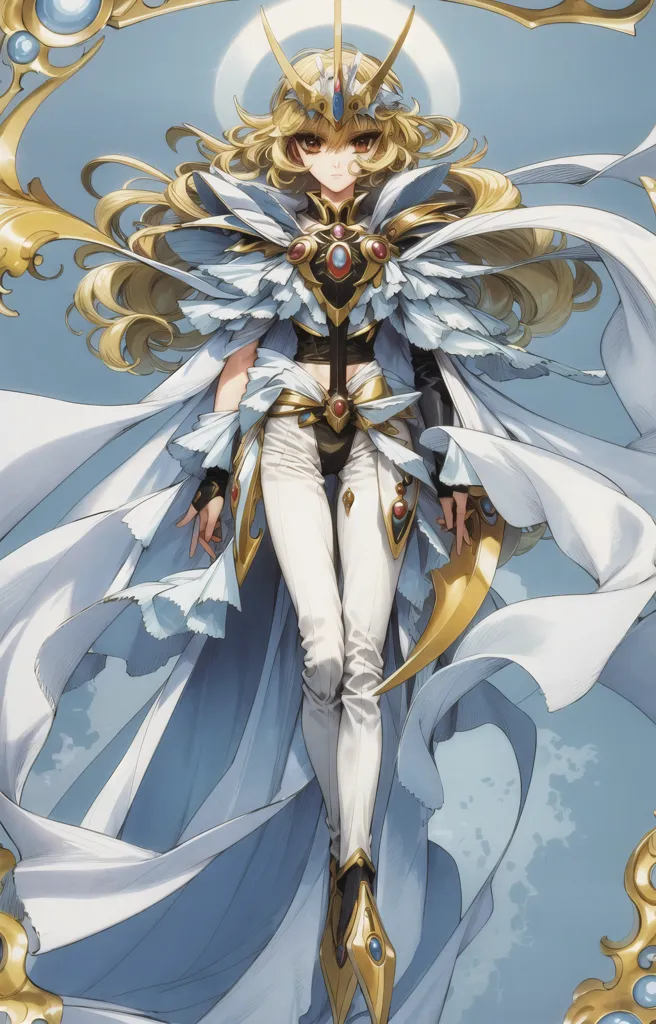 The image is of a young woman with long, flowing blonde hair. She is wearing a white and gold outfit with a feathered skirt and a long cape. She has a golden crown on her head and is holding a sword in her right hand. She is standing in front of a blue background with a white circle behind her head.