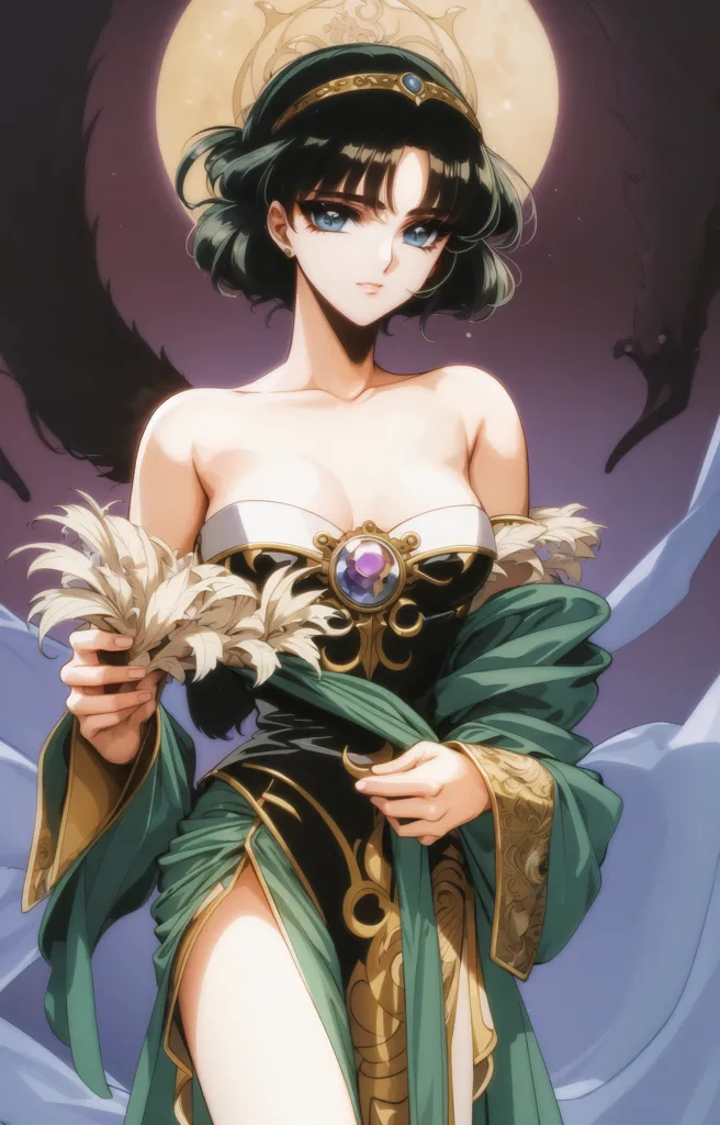 The picture shows a woman with short green hair. She is wearing a black and green dress with a golden belt and a golden necklace with a purple gem in the middle. She is standing in front of a dark blue background with a full moon behind her. There are two black crows flying in the background. The woman has a serious expression on her face.