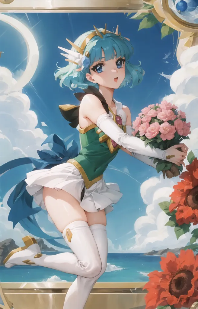 The image is a painting of a young woman with blue hair and green eyes. She is wearing a white and green dress with a blue ribbon. She is holding a bouquet of red and pink roses. The background is a blue sky with white clouds. The painting is in a frame with red and yellow flowers on the right side.