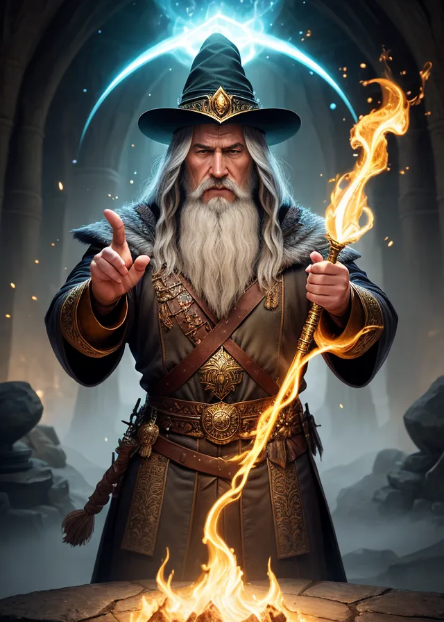 The image shows a tall, old man with a long white beard and mustache. He is wearing a dark green robe with gold trim and a green hat with a wide brim. He is standing in front of a stone altar with a fire burning on it. He is holding a staff in his right hand and is pointing with his left hand. He has a serious look on his face.