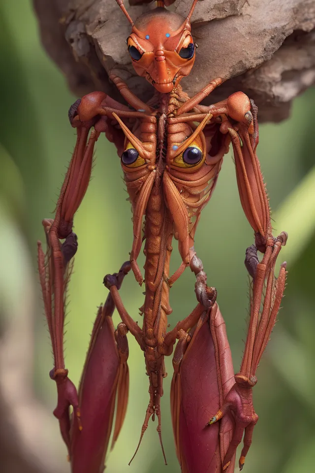 The image is a 3D rendering of a fictional humanoid mantis hybrid. The creature has the body of a praying mantis but the head of a human. It is standing on a rock in front of a blurred background of foliage. The creature is reddish brown in color and has large, blue eyes. It is also has four arms, each with three fingers.