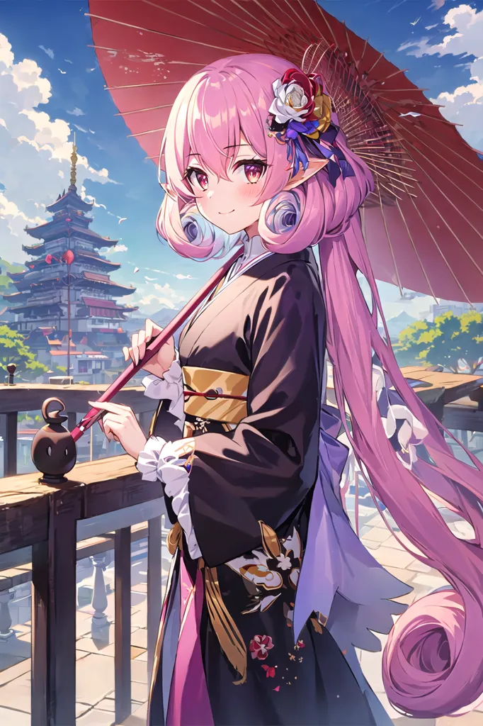 The image is of a young woman wearing a kimono. She has pink hair and purple eyes, and she is holding a red umbrella. She is standing on a bridge, and there is a traditional Japanese building in the background. The sky is blue and there are some clouds in the sky. The image is drawn in an anime style.