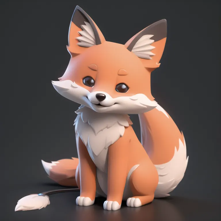 The image is a 3D rendering of a cartoon fox. The fox is sitting on its haunches with its tail curled around to one side. It has large, pointed ears and a white belly. The fox is looking at the viewer with a friendly expression on its face. It has light orange fur with white and dark orange markings on its ears and tail. The background is dark gray.