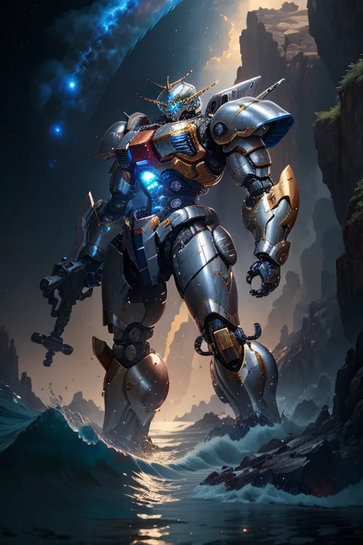 The image shows a giant robot standing in a body of water. The robot is made of metal and has a humanoid shape. It is standing on two legs and has two arms. The robot's head is covered by a helmet and it has a V-shaped visor. The robot is also carrying a large gun. The background of the image is a dark sky with a blue planet in the distance.