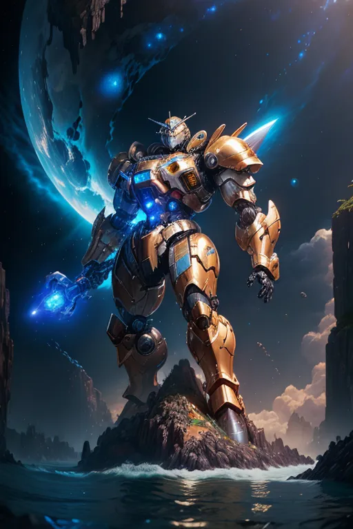 The image shows a giant gold robot standing on a small rocky island in the middle of the ocean. The robot has blue glowing eyes and a blue glowing crystal on its chest. It is standing with its legs shoulder-width apart and its arms at its sides. The background is a dark blue sky with a crescent moon in the top left corner. There are also some small blue lights in the background. The robot is made of gold-colored metal and has a smooth, shiny surface. It is standing in a relaxed pose and looks like it is waiting for something.