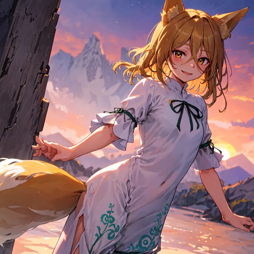 The image is a painting of a young woman with fox ears and a tail. She is wearing a white dress with green and yellow details. The background is a sunset over a mountain range. The woman is smiling and has her hand on her hip. She is standing on a rock in the foreground.