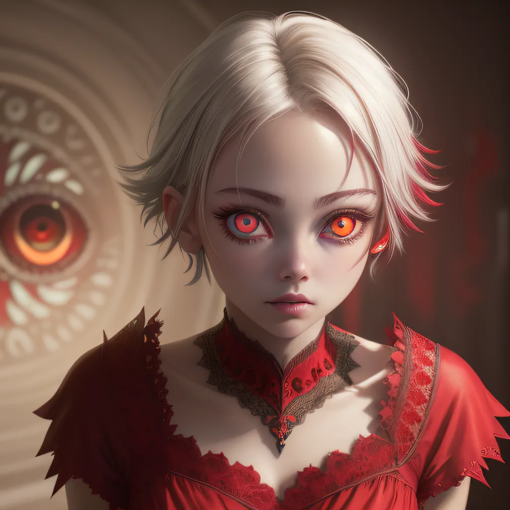 The image is a portrait of a young woman with short white hair and red eyes. She is wearing a red dress with a white collar. The background is a dark red. The woman's expression is serious.