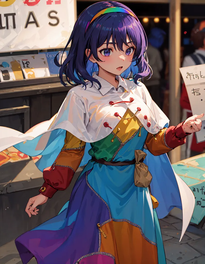 The image is of a young woman with purple hair and blue eyes. She is wearing a colorful dress with a white collar. There is a rainbow clip in her hair. She is standing in front of a store with a sign that says \