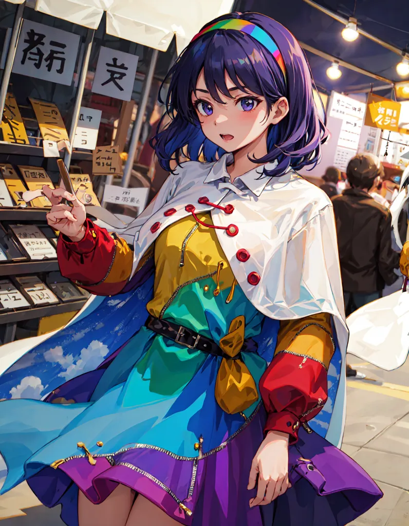 The image is of a young woman with purple hair and blue eyes. She is wearing a colorful outfit with a white cape-like jacket with rainbow trim, a yellow belt, and a blue skirt with a rainbow pattern. She is also wearing a red glove on her right hand. She is standing in a busy street with people walking past her. There are signs on the buildings in the background.