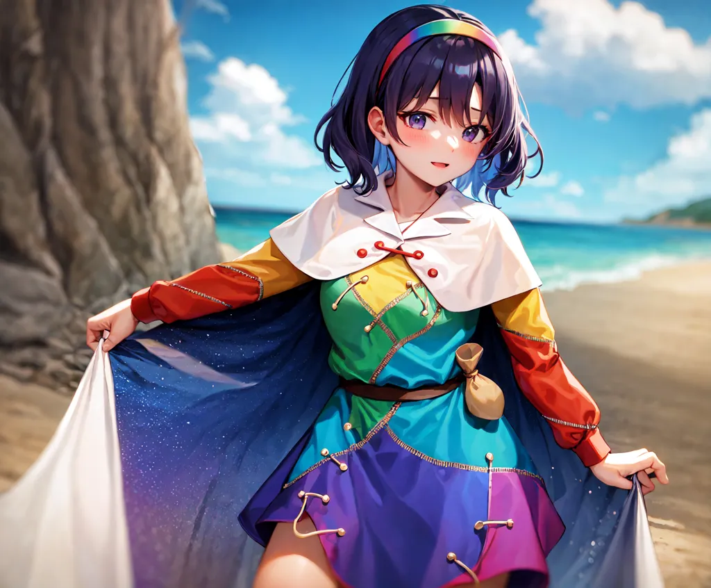 The image shows an anime girl with purple hair and brown eyes. She is wearing a colorful outfit with a white cape and a rainbow-colored skirt. She is standing on a beach, with the ocean behind her. The sky is blue and there are some clouds in the distance.