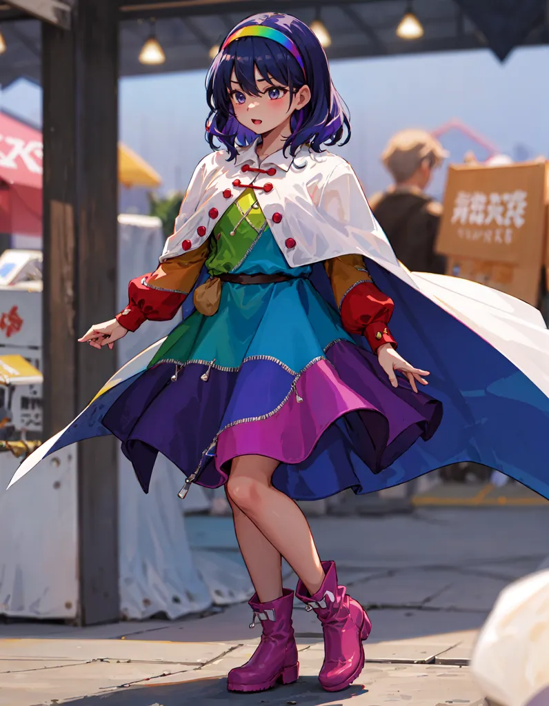 The image is of a young woman with short blue hair and purple eyes. She is wearing a colorful dress with a white cape and pink boots. She is standing in a street with a blurred background.