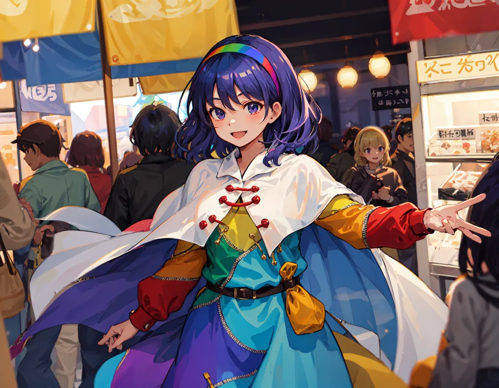 The image is of a young woman, with mid-length blue hair, wearing a colorful outfit, with a white cape. She is standing in a busy street, with people walking around her. The background is of a Japanese street, with shops and restaurants. The woman is smiling and has her arms outstretched.