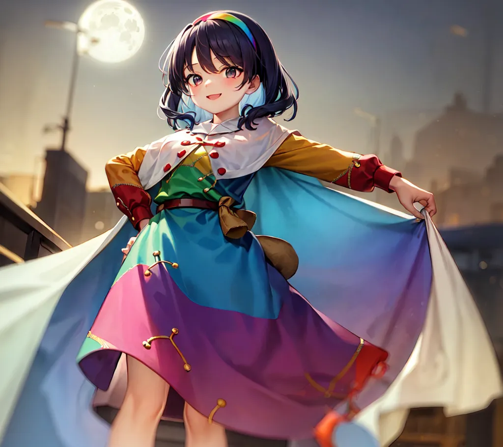 The image is a painting of a young girl with long dark hair and brown eyes. She is wearing a colorful dress and a cape. The girl is standing on a rooftop with a city in the background. The moon is shining in the sky. The girl is smiling and looks happy.