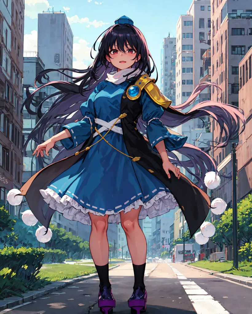 The image is of a young woman with long black hair, red eyes, and a beauty mark on her left cheek. She is wearing a blue and white dress with a white collar and a blue cape with gold trim. She is also wearing black boots and a blue hat with a white feather. She is standing in a city street, with buildings in the background. The image is in a realistic style, and the woman is depicted in a way that is both cute and innocent.