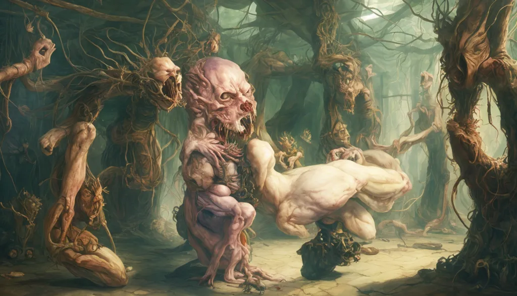 The image is a dark and twisted forest. The trees are bare and twisted, and the ground is covered in a thick layer of leaves. The air is filled with the sound of dripping water and the occasional groan of a tortured soul.

In the center of the forest is a clearing. In the clearing is a large, fleshy creature. The creature is covered in eyes and mouths, and it is constantly drooling. It is surrounded by a group of smaller, similar creatures. These creatures are all feasting on a large, dead body.

The image is both horrifying and fascinating. It is a reminder of the dark side of nature, and the potential for evil that lurks within all of us.