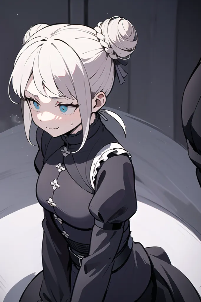 The image is of a young woman with white hair and blue eyes. She is wearing a black dress with a white collar and has her hair in two buns on top of her head. She is looking at someone with an embarrassed expression on her face and appears to be blushing.