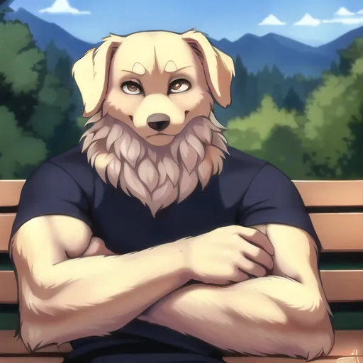 The image is of a muscular, anthropomorphic golden retriever sitting on a park bench. He is wearing a black t-shirt and has his arms crossed. He has a confident expression on his face and is looking to the left of the frame. In the background, there are mountains covered with trees with a blue sky and white clouds behind them.