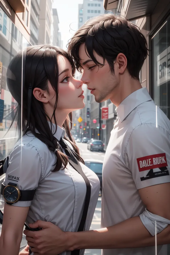 This is an image of a man and a woman standing close to one another. The woman is on the left with her left hand on the man's chest. The man has his hands on the woman's waist, He is slightly taller than the woman. They are both wearing white shirts. The woman has a black tie and a watch on her left hand. The man has a black patch with white writing on his left arm. There are cars and building in the background.