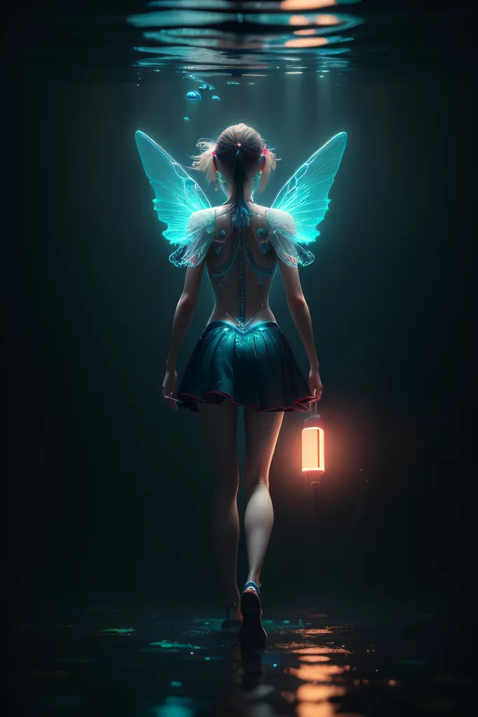 The image is of a woman with blue-green wings walking away from the viewer. She is wearing a short skirt and a halter top, and her hair is in a ponytail. She is carrying a lantern in her right hand. The background is dark, with a few sparkles of light. The woman's wings are outstretched, and she appears to be walking on water.