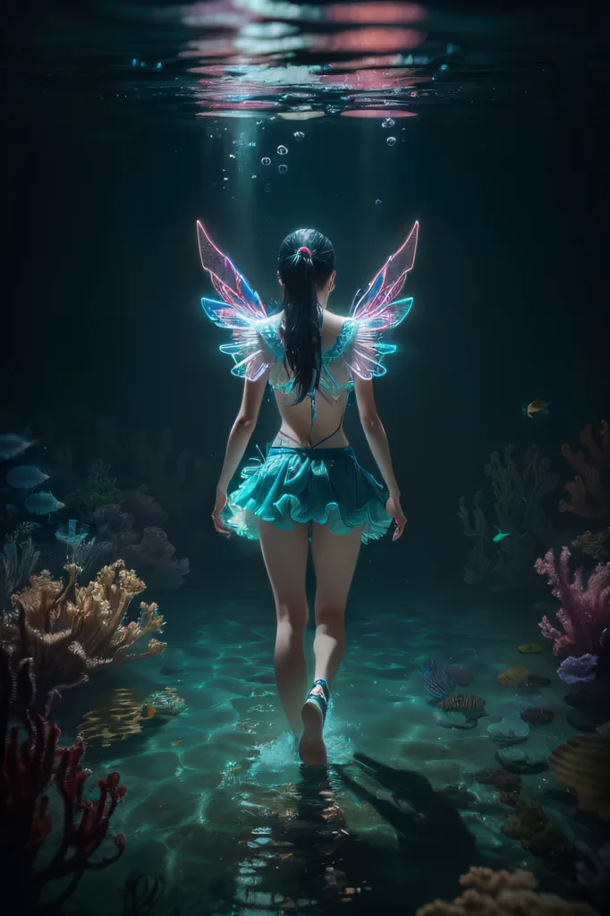 The picture shows a mermaid with long black hair and a blue-green tail. She is wearing a seashell bra and a green skirt, and has blue-green wings. She is swimming in a dark blue ocean, surrounded by coral reefs and fish. The water is clear and you can see the sunlight shining through the surface.