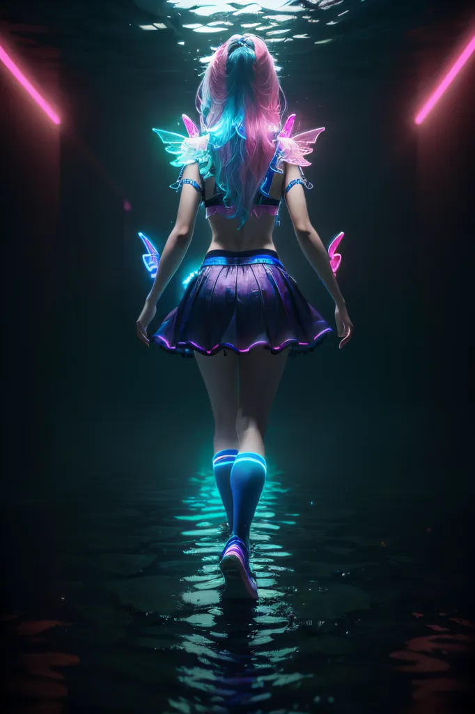 The image shows a woman walking away from the viewer. She is wearing a blue and purple outfit with a skirt, and she has blue and pink hair. The background is dark with two red lights in the distance. She is walking on a wet surface, and her feet are making ripples in the water.