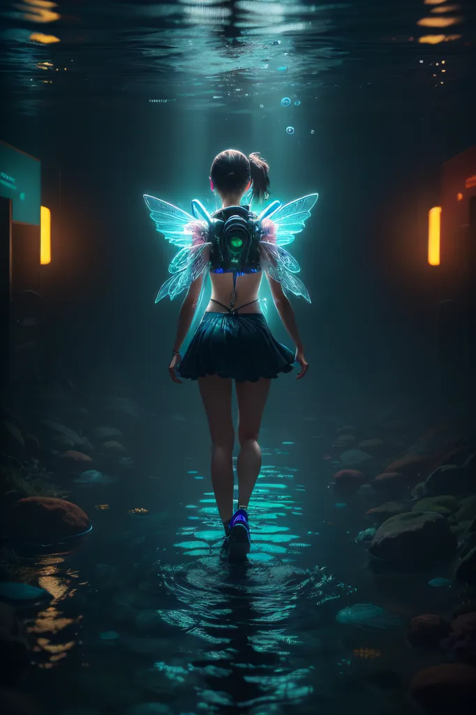 The image is of a woman walking through a flooded city. She is wearing a skirt, a sports bra, and a pair of sneakers. She also has a pair of dragonfly-like wings attached to her back. The water is up to her knees, and she is surrounded by the ruins of buildings. The water is murky, and the only light comes from a few streetlights that are still on. The woman is alone, and she looks lost and alone.