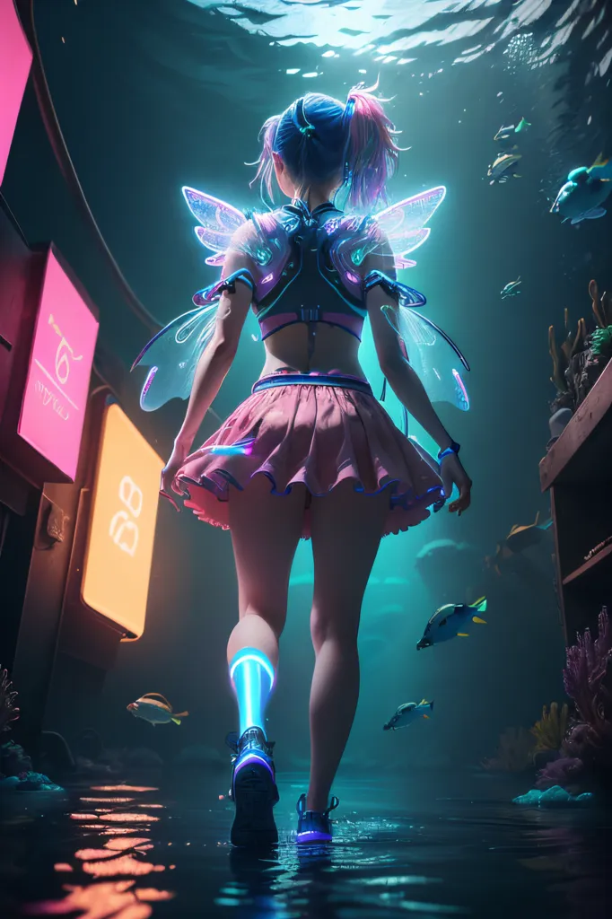 This is an image of a girl with blue and pink hair, wearing a pink skirt and a black top. She has fairy wings made of blue light, and there are several fish swimming around her. She is walking through a flooded city. There are buildings and street signs on either side of her.