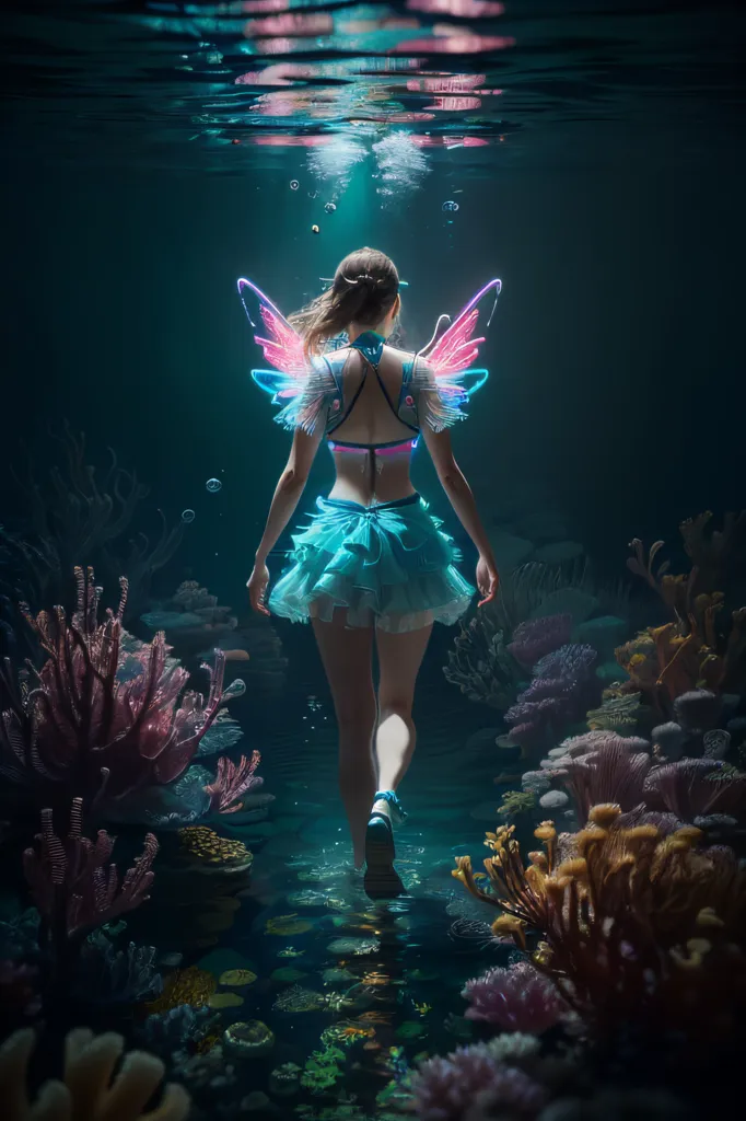 This is an image of a girl with rainbow-colored fairy wings walking underwater. She is wearing a blue and green colored bikini top and a blue skirt. She is also wearing black sneakers. The background of the image is a dark blue water with coral reefs and fish. The girl is swimming towards the surface of the water.