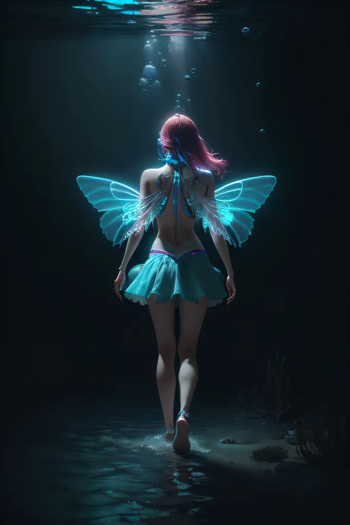 The image is a digital painting of a woman with pink hair and blue-green wings walking in a dark underwater setting. She is wearing a blue skirt and a bikini top. The light from above is illuminating her hair and wings. The water is dark and murky.