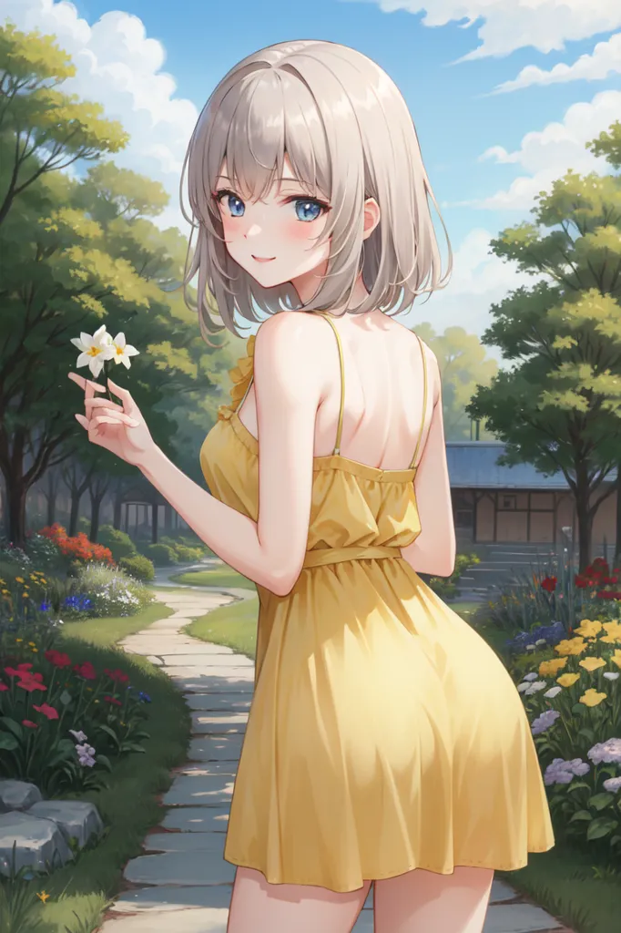 L'image montre une jeune femme aux cheveux blancs courts et aux yeux bleus. Elle porte une robe jaune et se tient dans un jardin. Elle sourit et tient une fleur blanche. Il y a des arbres et des fleurs en arrière-plan. L'image est dessinée dans un style anime.