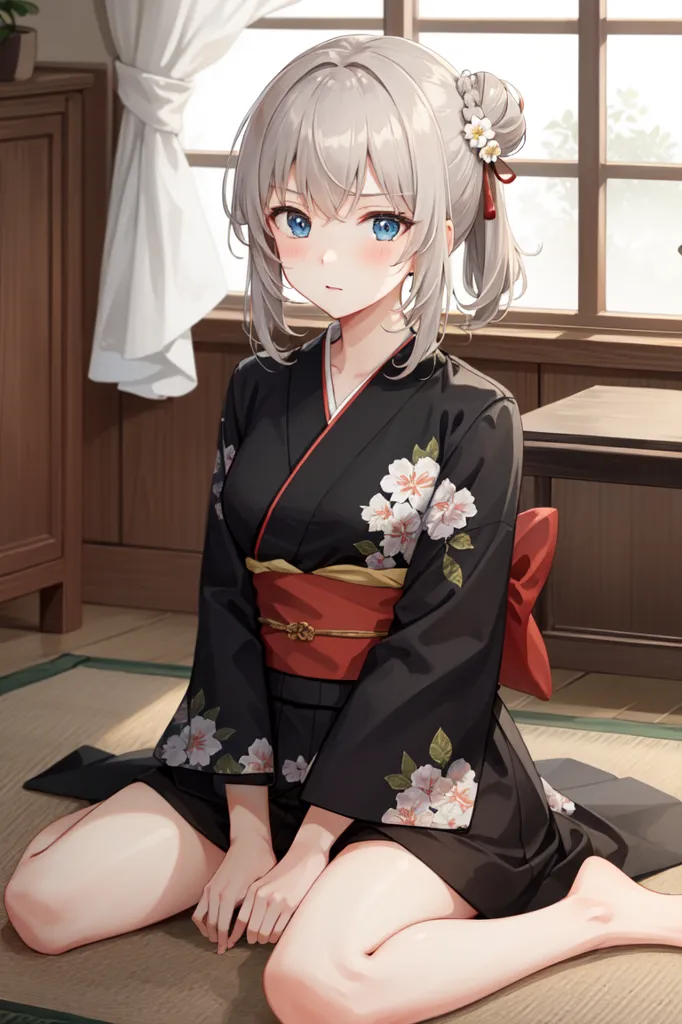 The image depicts a young woman, kneeling on the floor. She is wearing a black kimono with white and pink floral designs and a red obi sash tied around her waist. Her long silver hair is tied up in a bun with a white and pink flower hairpiece. She has blue eyes and a shy expression on her face. The background of the image is a traditional Japanese room with a wooden table and a white curtain.