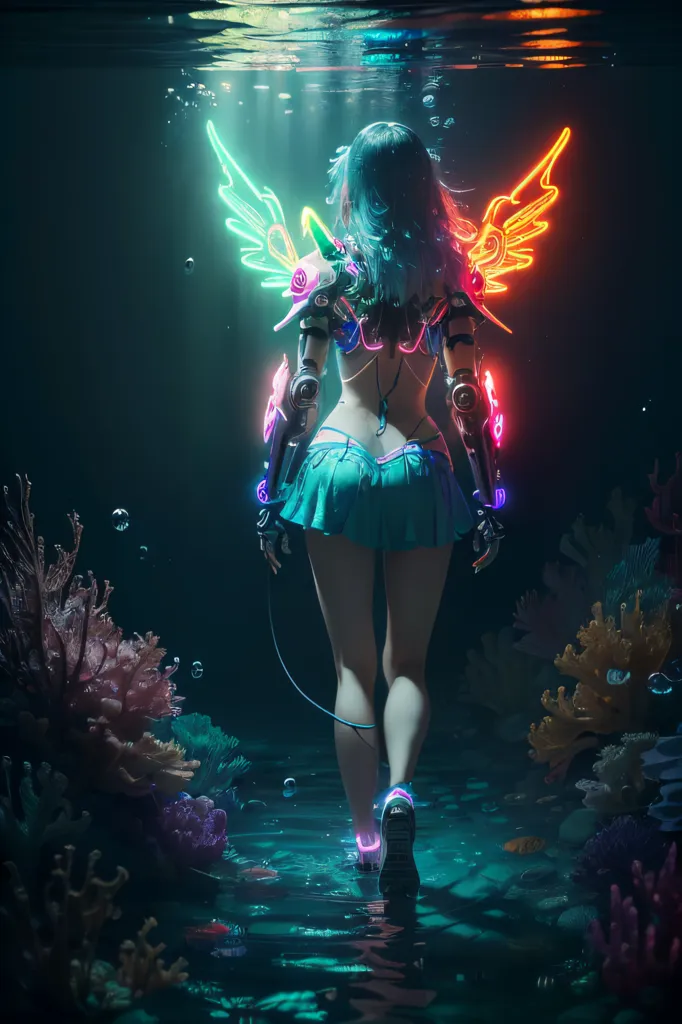 The image is a digital painting of a woman with blue hair and glowing wings walking through an underwater coral reef. She is wearing a green and blue bikini top and a short skirt. Her arms and legs are covered in cybernetic enhancements. She is carrying a large backpack and has a glowing orb floating in front of her. The background is a dark blue water with a bright light shining down from the surface.