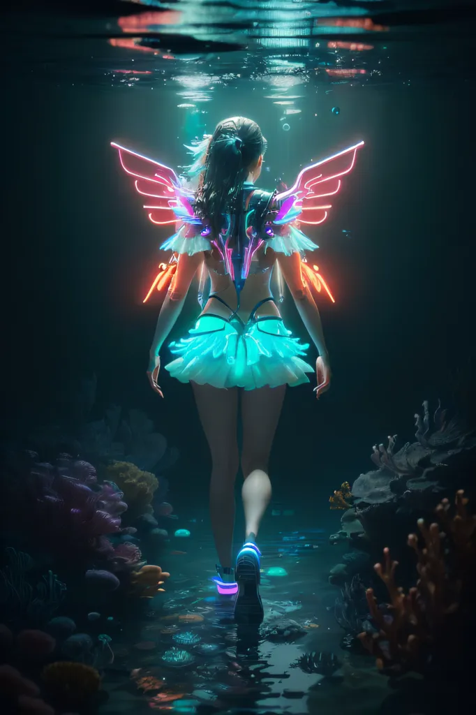 L'image est une peinture numérique d'une femme aux ailes bioluminescentes marchant dans un récif corallien. La femme porte une jupe bleue et un haut blanc. La lumière de ses ailes illumine l'eau autour d'elle, et le récif corallien brille en arrière-plan.